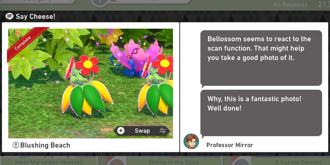 The Say Cheese! request in the Blushing Beach (Day) course in New Pokemon Snap