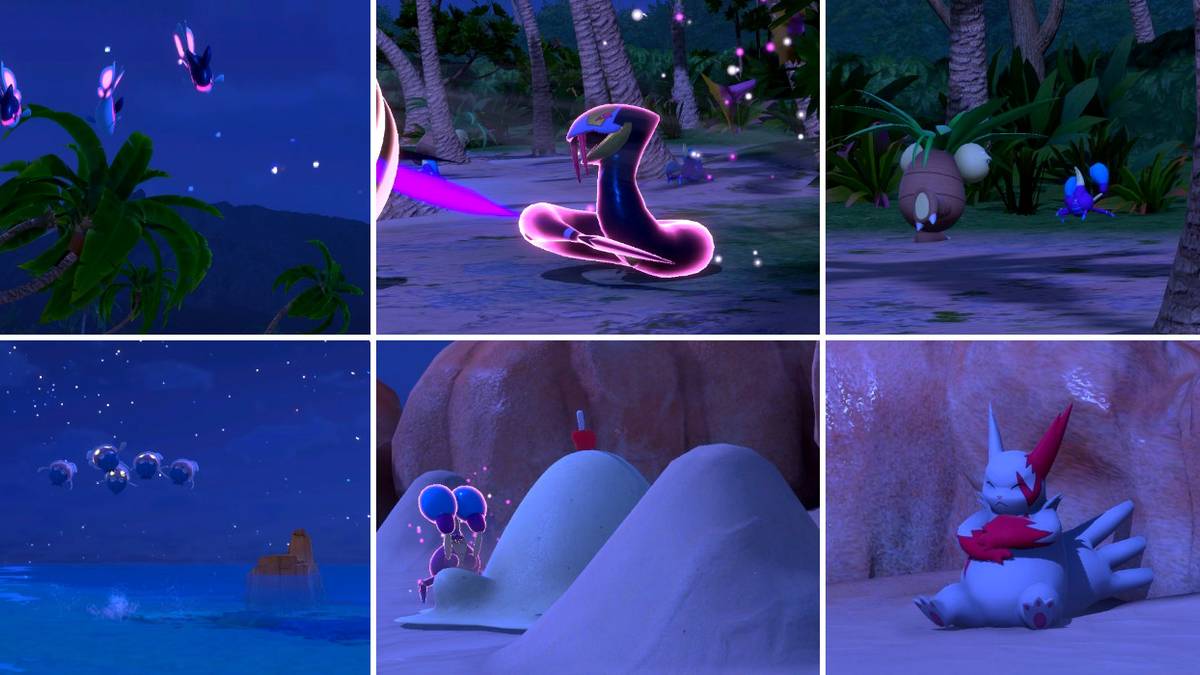 Some of the photo requests in the Blushing Beach (Night) course in New Pokemon Snap