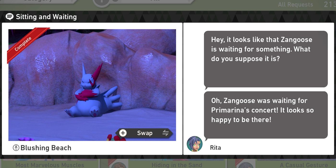 The Sitting and Waiting request in the Blushing Beach (Night) course in New Pokemon Snap