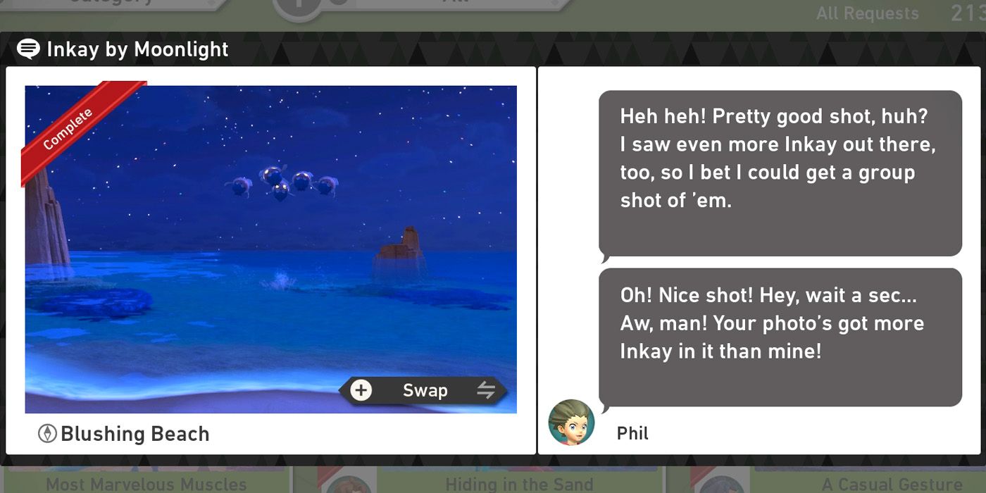 The Inkay by Moonlight request in the Blushing Beach (Night) course in New Pokemon Snap