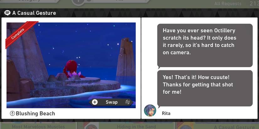 The A Casual Gesture request in the Blushing Beach (Night) course in New Pokemon Snap