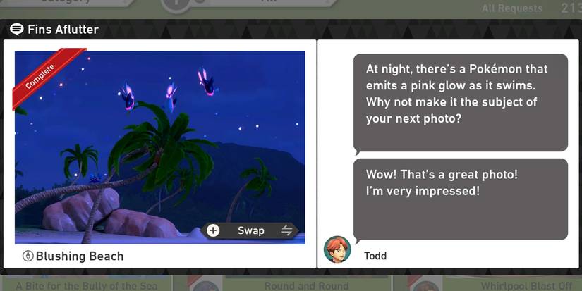 The Fins Aflutter request in the Blushing Beach (Night) course in New Pokemon Snap
