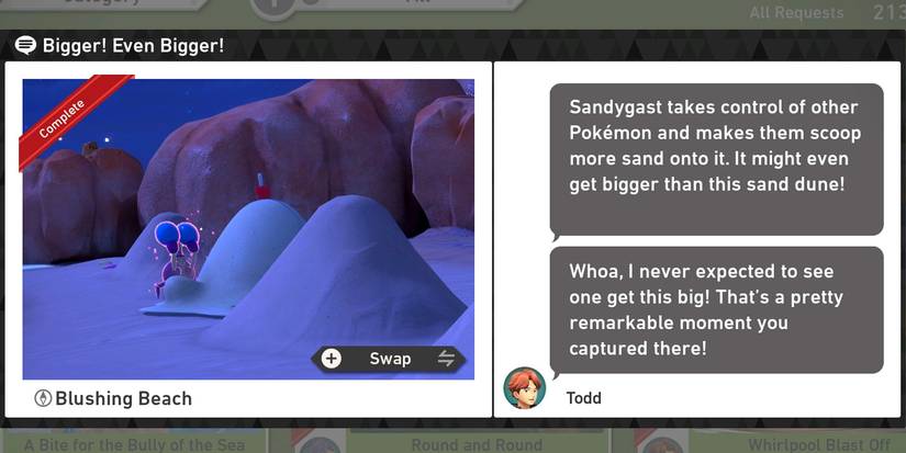 The Bigger! Even Bigger! request in the Blushing Beach (Night) course in New Pokemon Snap