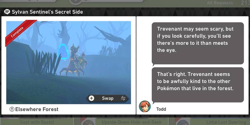 The Sylvan Sentinel's Secret Side request in the Elsewhere Forest course in New Pokemon Snap