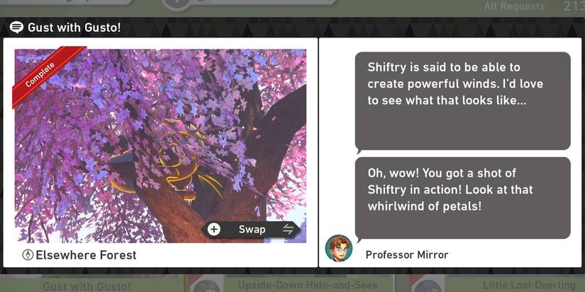 The Gust with Gusto request in the Elsewhere Forest course in New Pokemon Snap