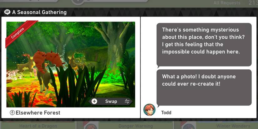 The A Seasonal Gathering request in the Elsewhere Forest course in New Pokemon Snap