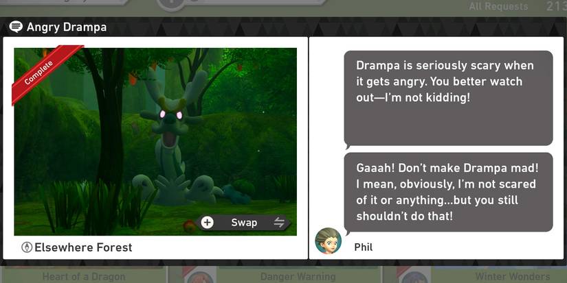 The Angry Drampa request in the Elsewhere Forest course in New Pokemon Snap