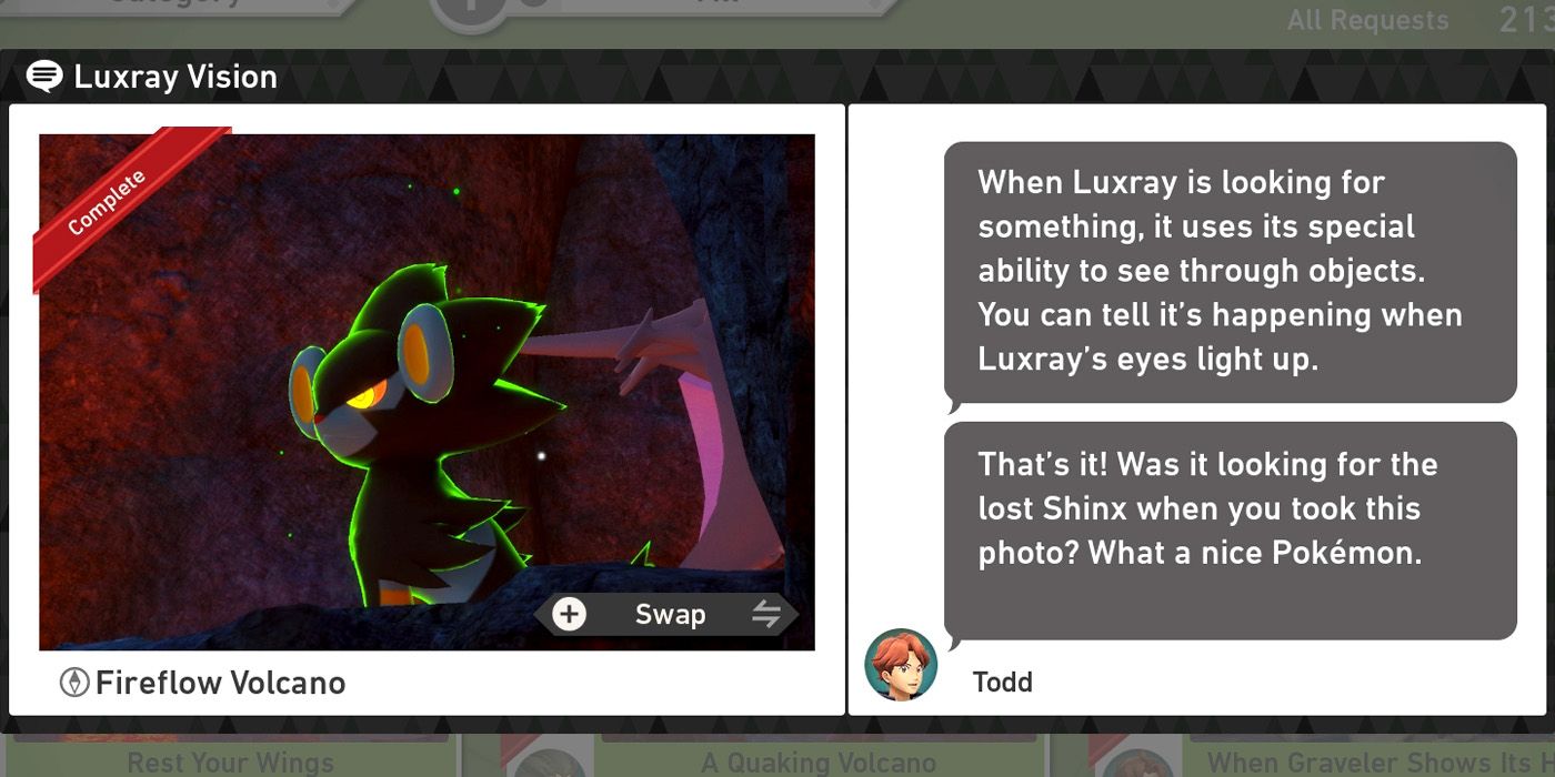 The Luxray Vision request in the Fireflow Volcano course in New Pokemon Snap