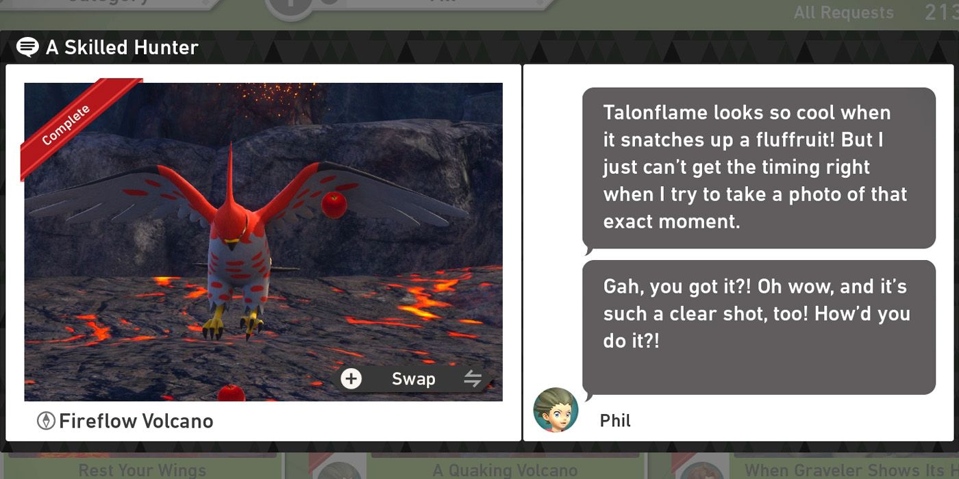 The A Skilled Hunter request in the Fireflow Volcano course in New Pokemon Snap