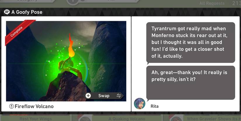 The A Goofy Pose request in the Fireflow Volcano course in New Pokemon Snap