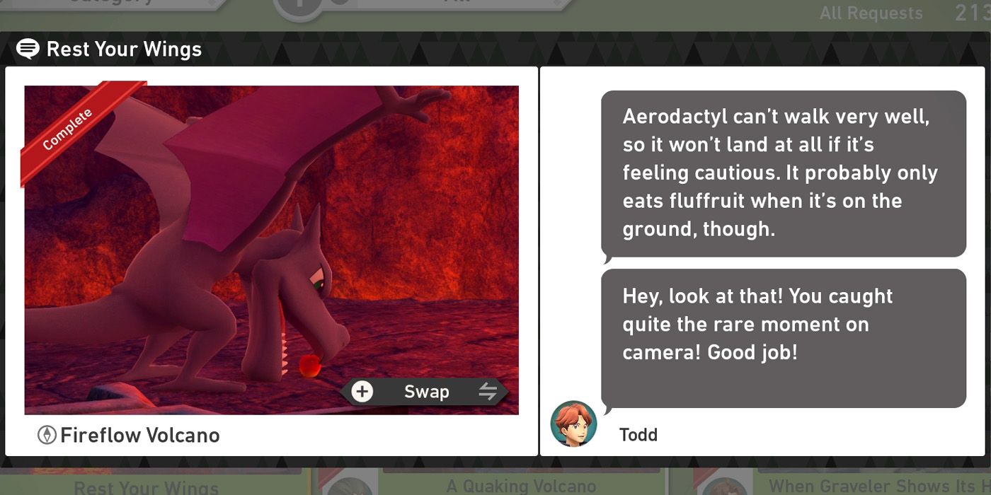 The Rest Your Wings request in the Fireflow Volcano course in New Pokemon Snap