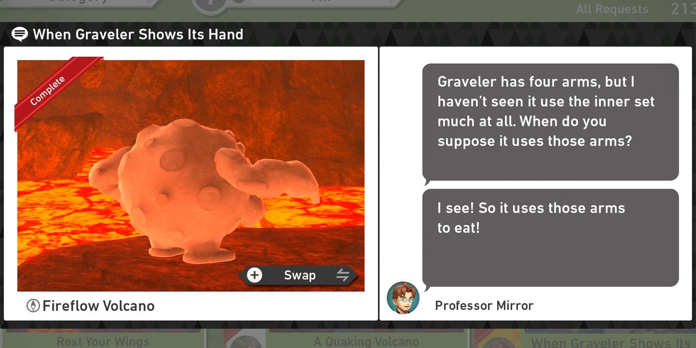 The When Graveler Shows its Hand request in the Fireflow Volcano course in New Pokemon Snap