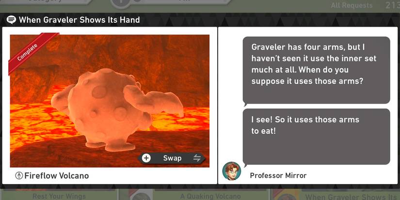 The When Graveler Shows its Hand request in the Fireflow Volcano course in New Pokemon Snap