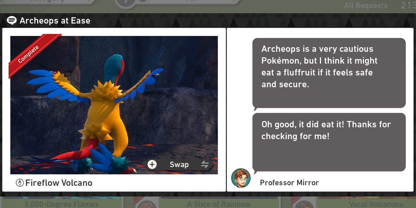 The Archeops at Ease request in the Fireflow Volcano course in New Pokemon Snap