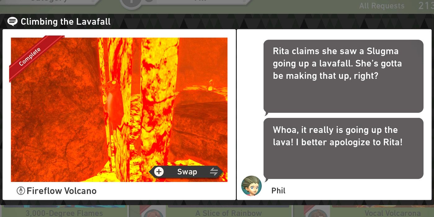 The Climbing the Lavafall request in the Fireflow Volcano course in New Pokemon Snap