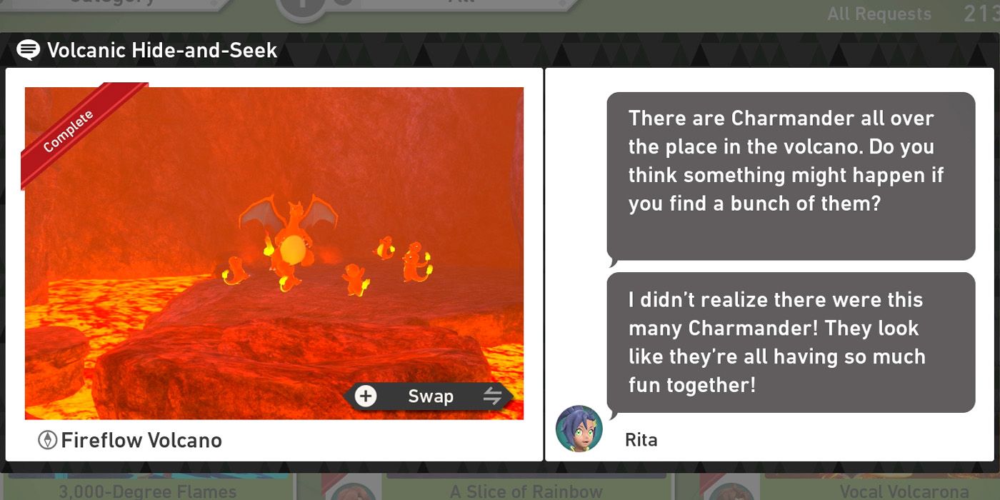 The Volcanic Hide-and-Seek request in the Fireflow Volcano course in New Pokemon Snap