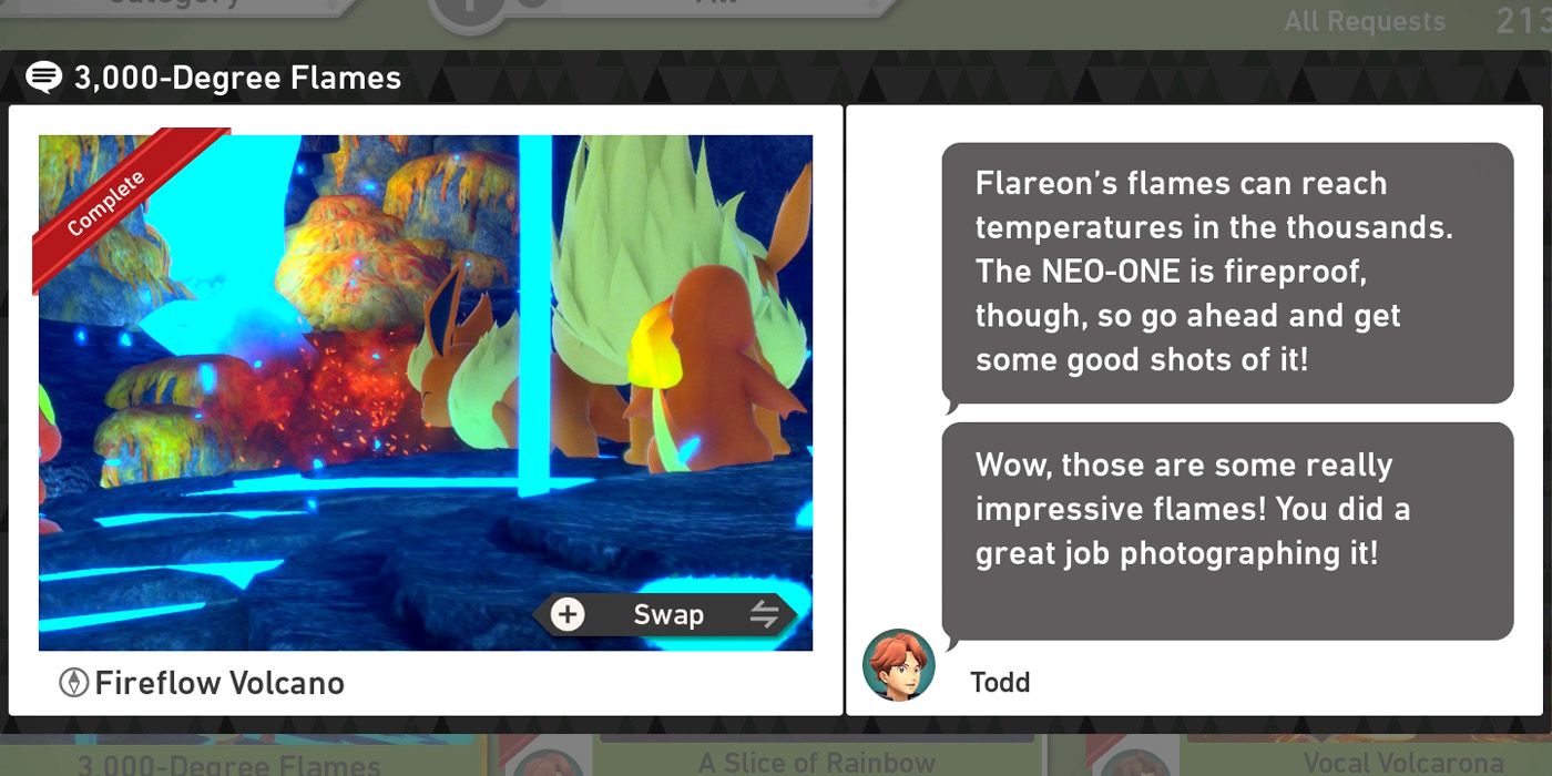The 3,000-Degree Flames request in the Fireflow Volcano course in New Pokemon Snap