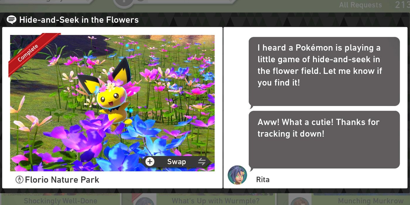 The Hide-and-Seek in the Flowers request in The Florio Nature Park (Day) course in New Pokemon Snap