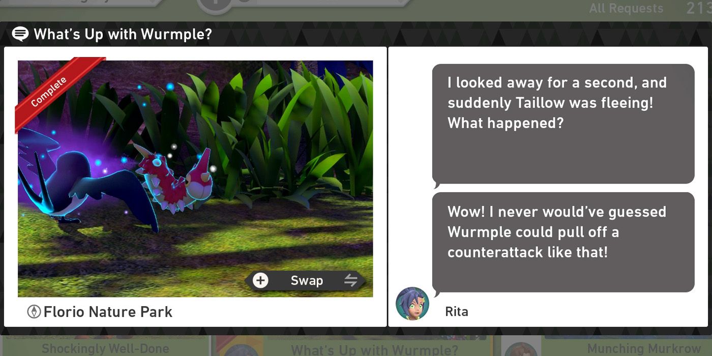 The What's Up with Wurmple? request in The Florio Nature Park (Day) course in New Pokemon Snap