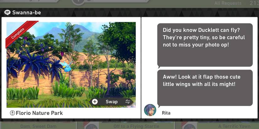 The Swanna-be request in The Florio Nature Park (Day) course in New Pokemon Snap