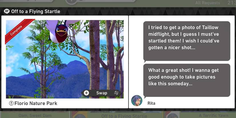 The Off to a Flying Startle request in The Florio Nature Park (Day) course in New Pokemon Snap