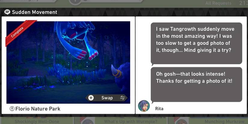 The Sudden Movement Night request in The Florio Nature Park (Night) course in New Pokemon Snap