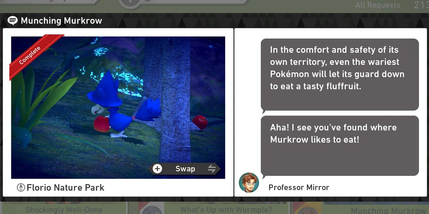 The Munching Murkrow request in The Florio Nature Park (Night) course in New Pokemon Snap