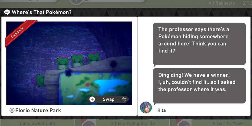 The Where's That Pokemon? request in The Florio Nature Park (Night) course in New Pokemon Snap