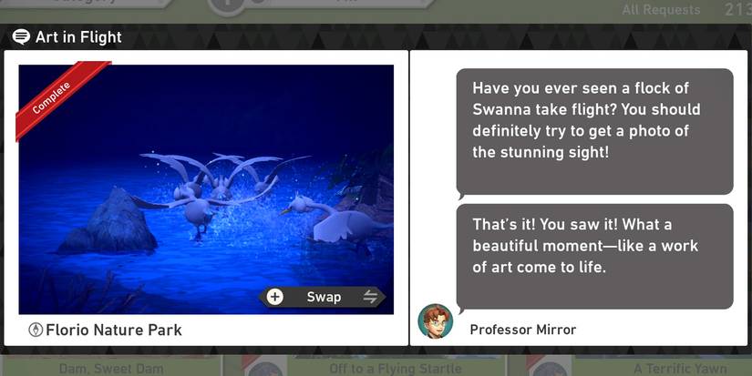 The Art in Flight request in The Florio Nature Park (Night) course in New Pokemon Snap