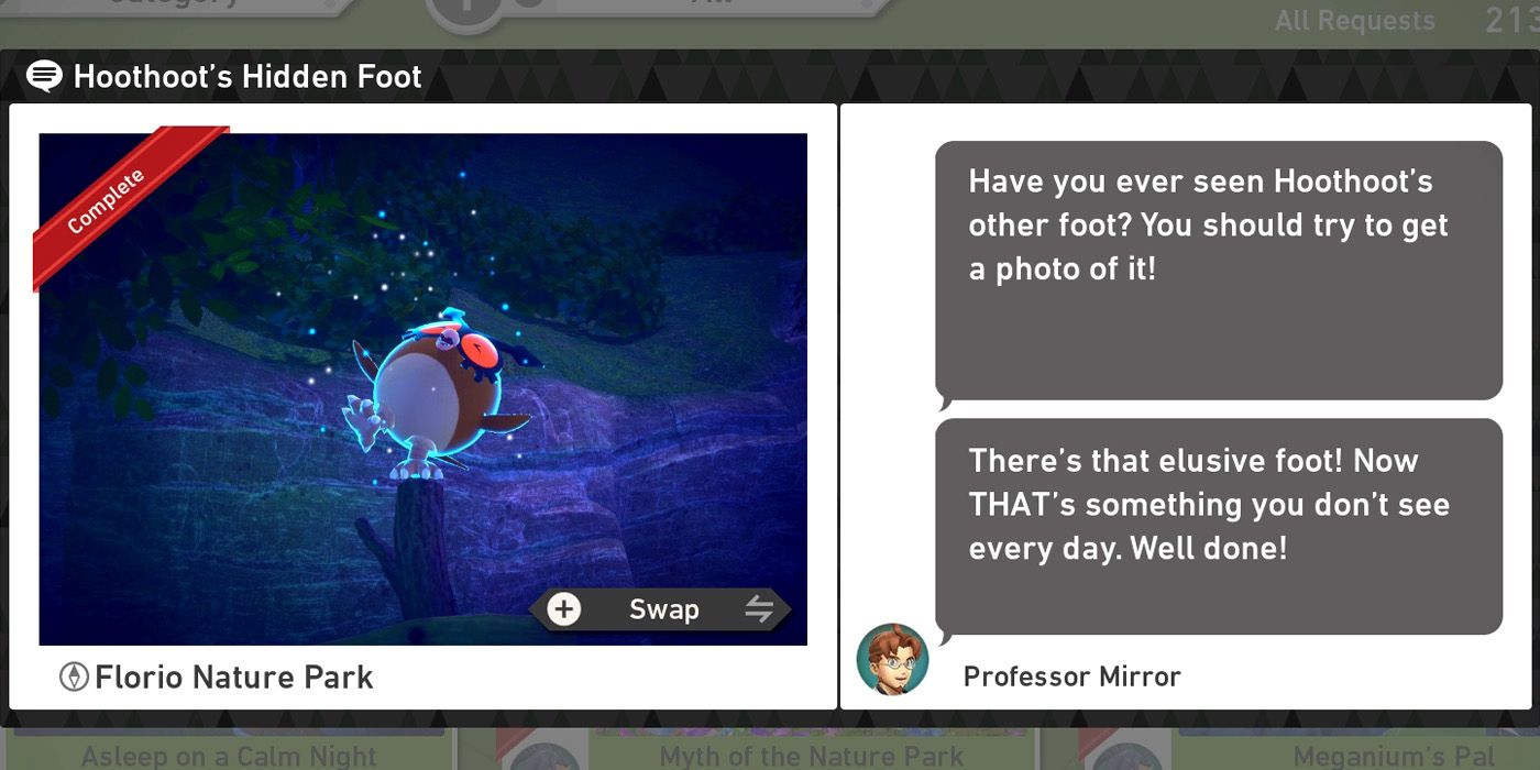 The Hoothoot's Hidden Foot request in The Florio Nature Park (Night) course in New Pokemon Snap