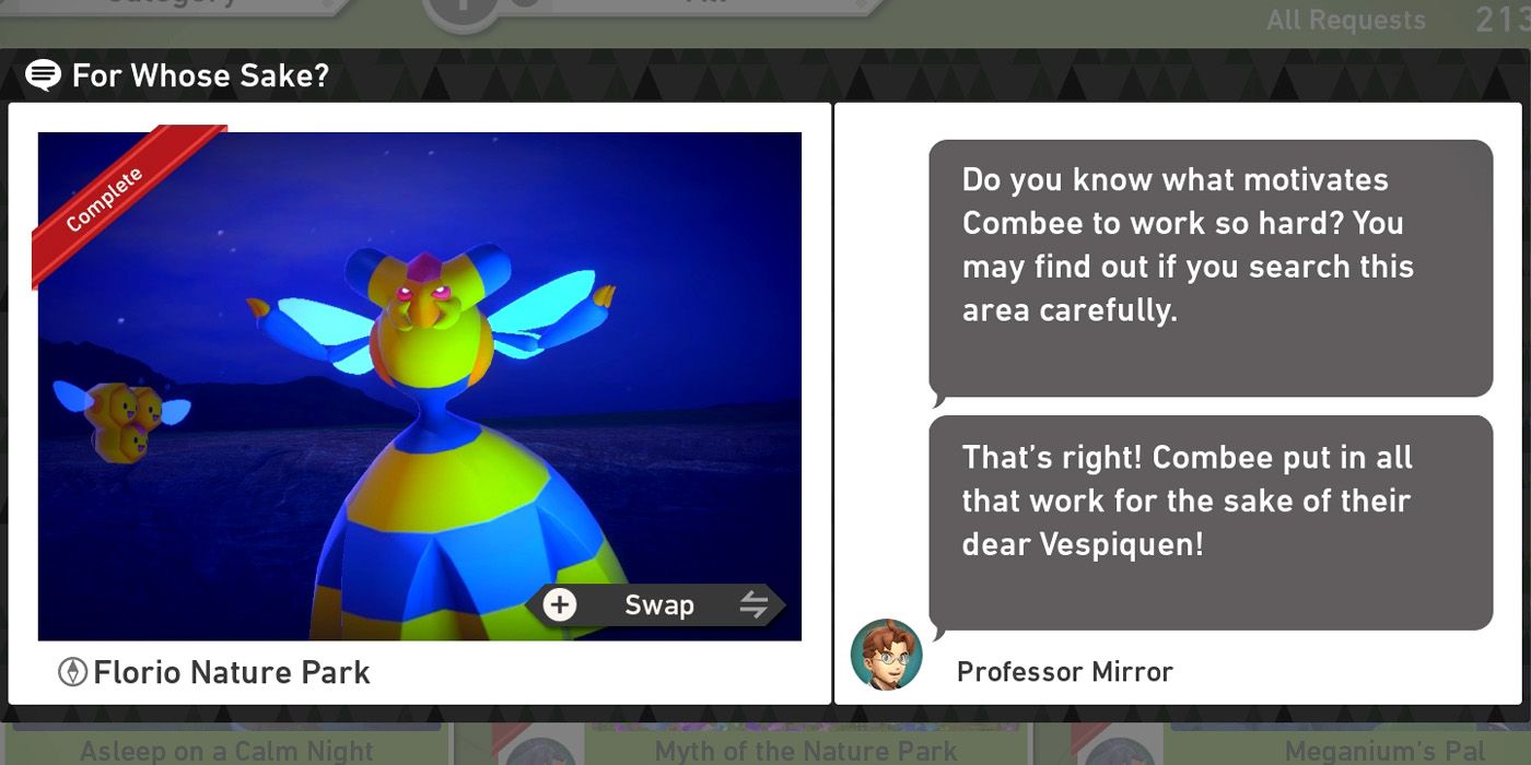 The For Whose Sake? request in The Florio Nature Park (Night) course in New Pokemon Snap