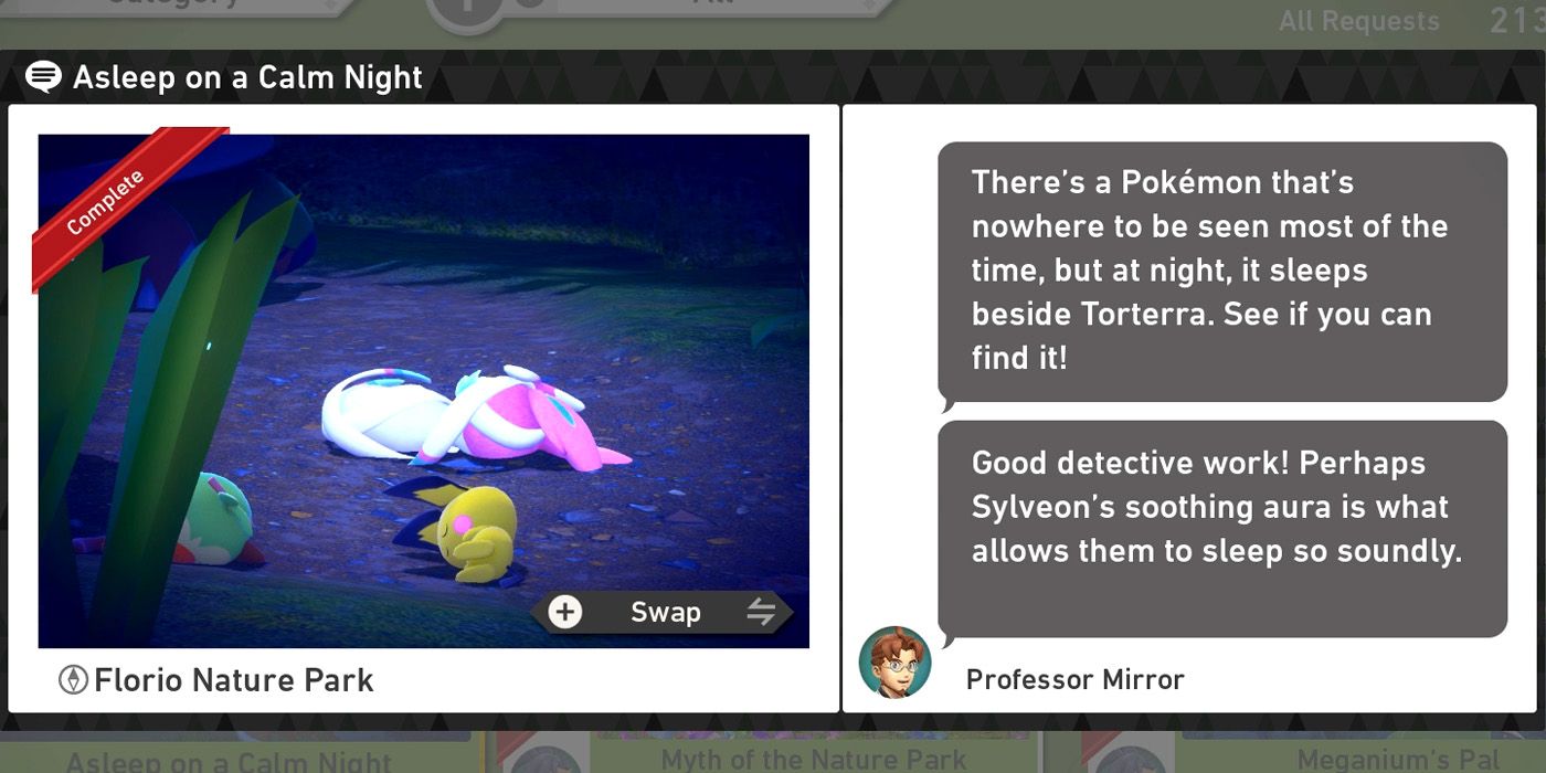 The Asleep on a Calm Night request in The Florio Nature Park (Night) course in New Pokemon Snap