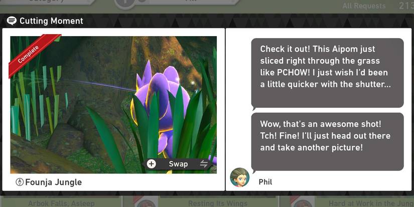 The Cutting Moment request in The Founja Jungle (Day) course in New Pokemon Snap