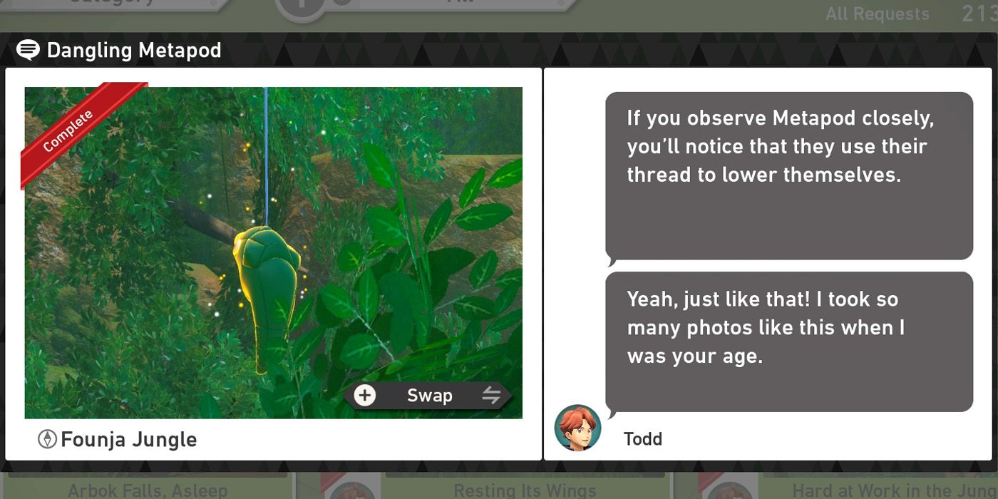 The Dangling Metapod request in The Founja Jungle (Day) course in New Pokemon Snap