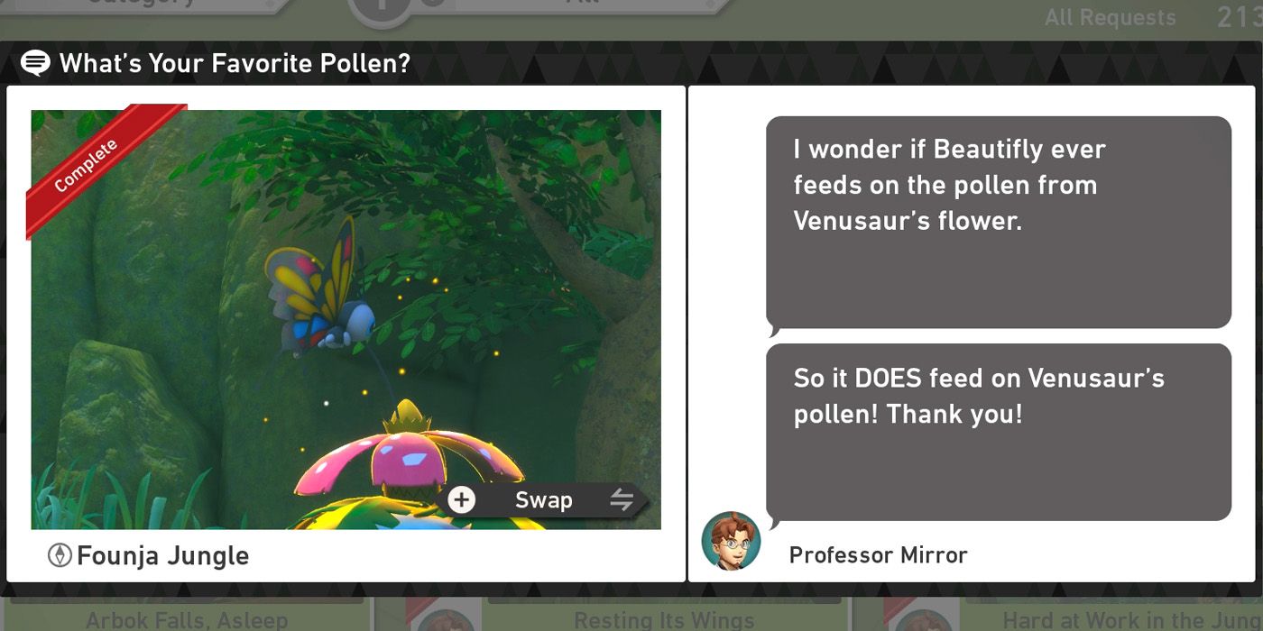 The What's Your Favorite Pollen? request in The Founja Jungle (Day) course in New Pokemon Snap