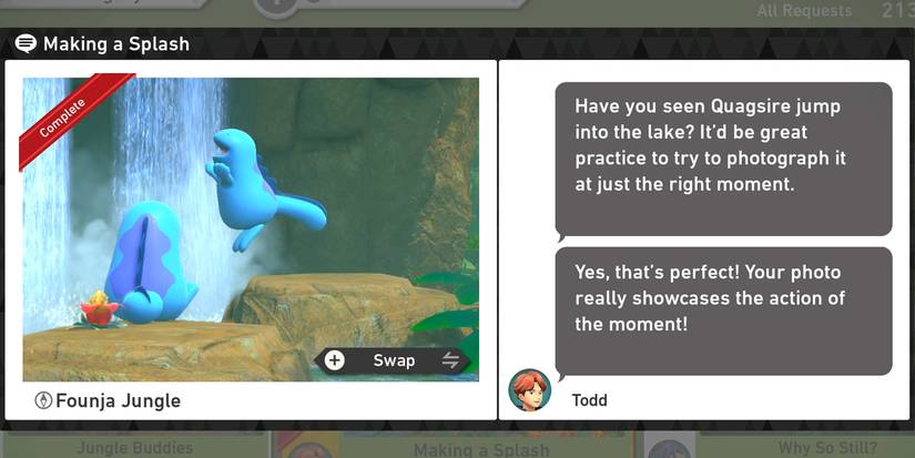 The Making a Splash request in The Founja Jungle (Day) course in New Pokemon Snap