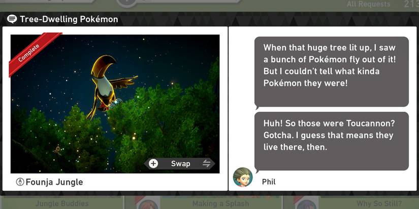 The Tree-Dwelling Pokemon request in The Founja Jungle (Night) course in New Pokemon Snap