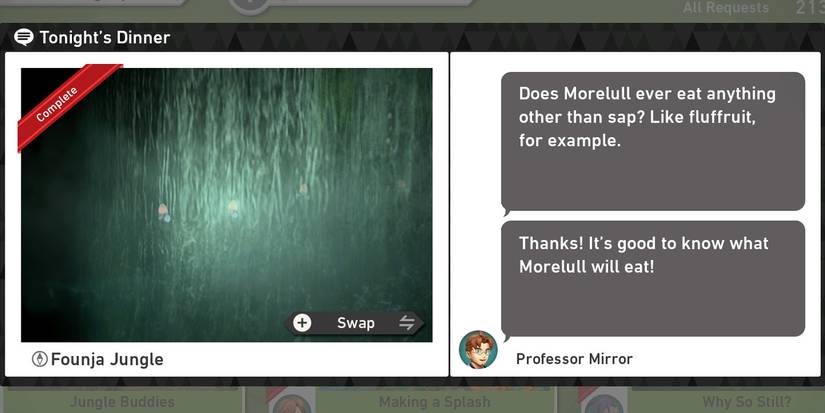 The Tonight's Dinner request in The Founja Jungle (Night) course in New Pokemon Snap