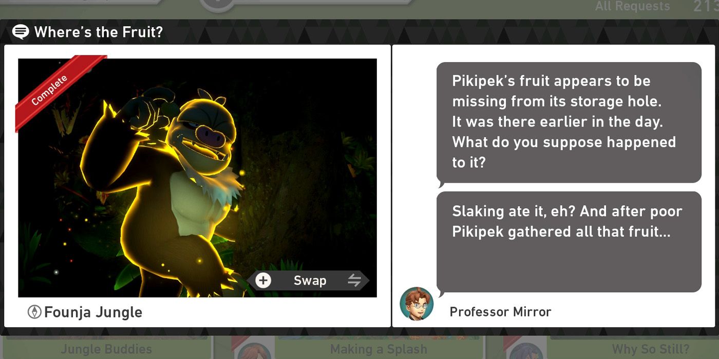 The Where's The Fruit? request in The Founja Jungle (Night) course in New Pokemon Snap