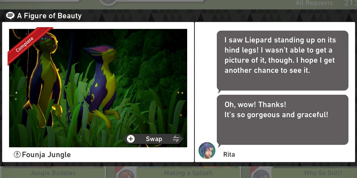 The A Figure of Beauty request in The Founja Jungle (Night) course in New Pokemon Snap