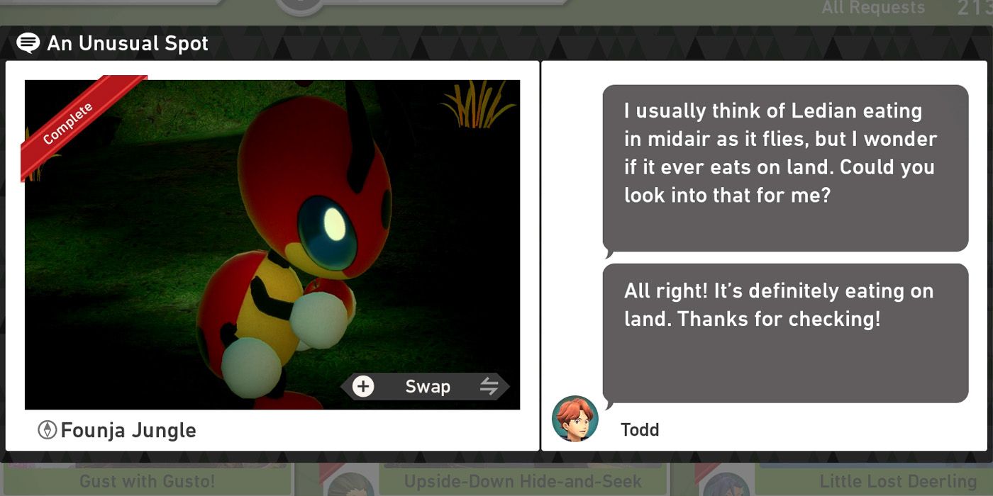 The An Unusual Spot request in The Founja Jungle (Night) course in New Pokemon Snap