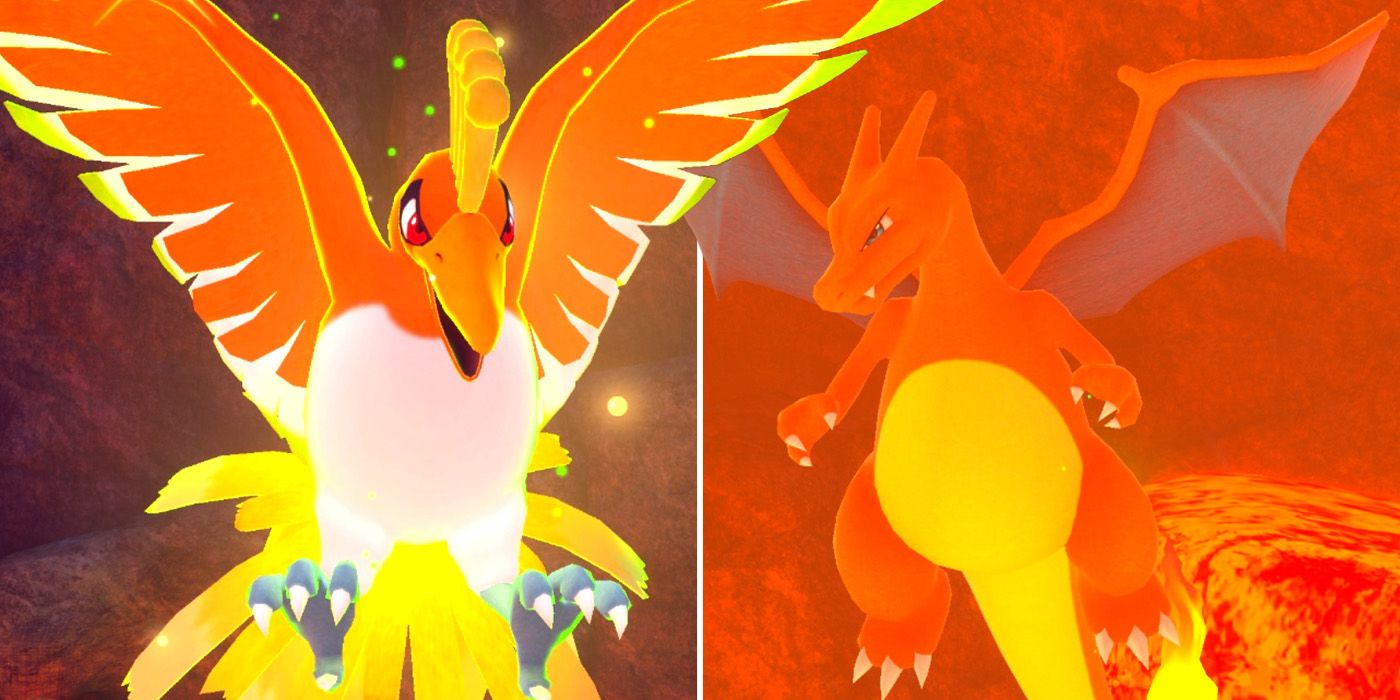 Ho-Oh and Charizard in the Fireflow Volcano course in New Pokemon Snap