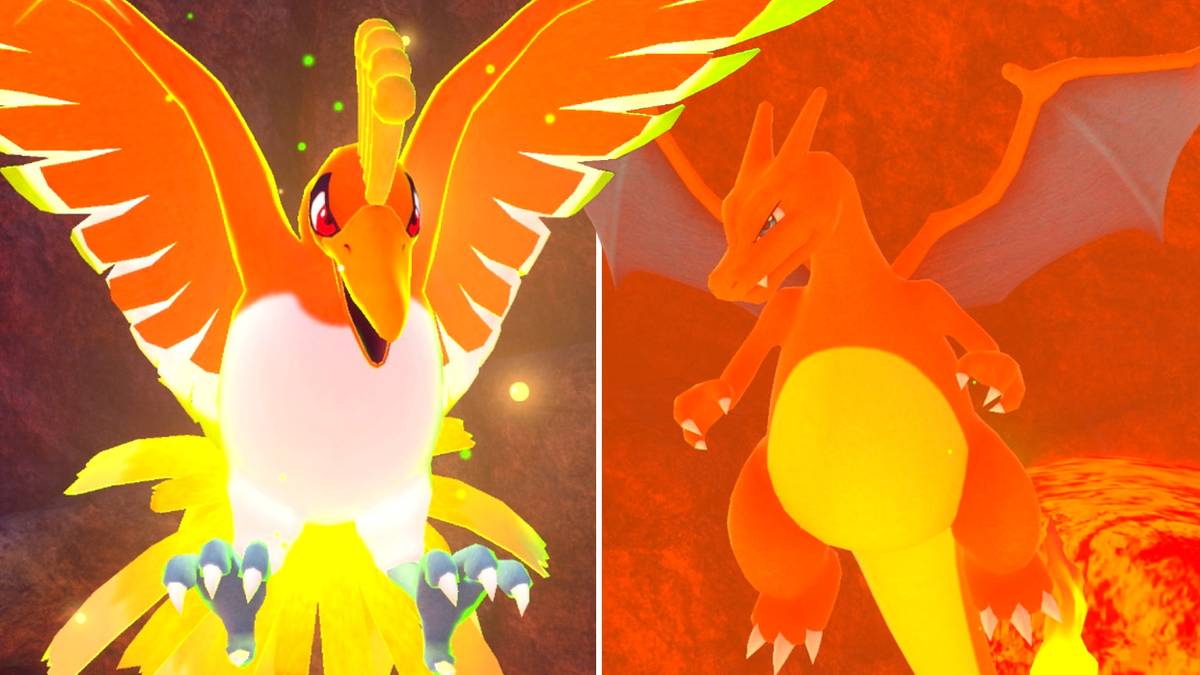 Ho-Oh and Charizard in the Fireflow Volcano course in New Pokemon Snap