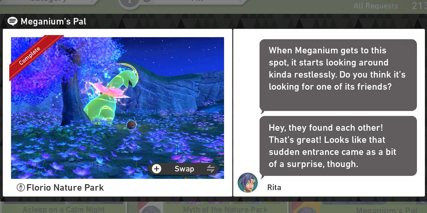 The Meganium's Pal request at the Florio Island Illumina Spot in New Pokemon Snap