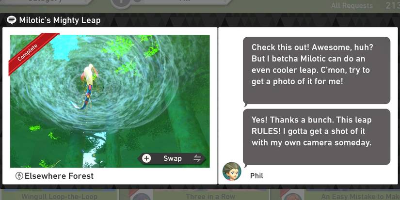 The Milotic's Mighty Leap request at the Belusylva Island Illumina Spot in New Pokemon Snap