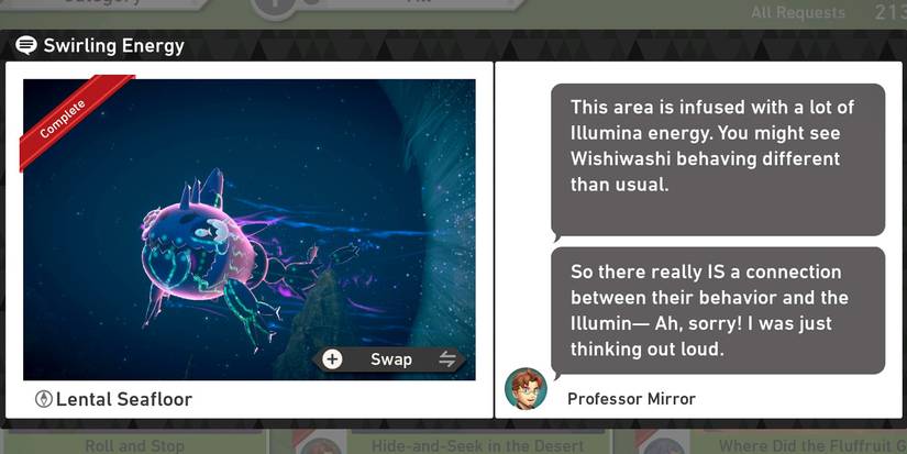 The Swirling Energy request at the Maricopia Island Illumina Spot in New Pokemon Snap