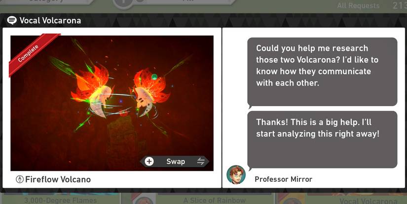 The Vocal Volcarona request at the Voluca Island Illumina Spot in New Pokemon Snap