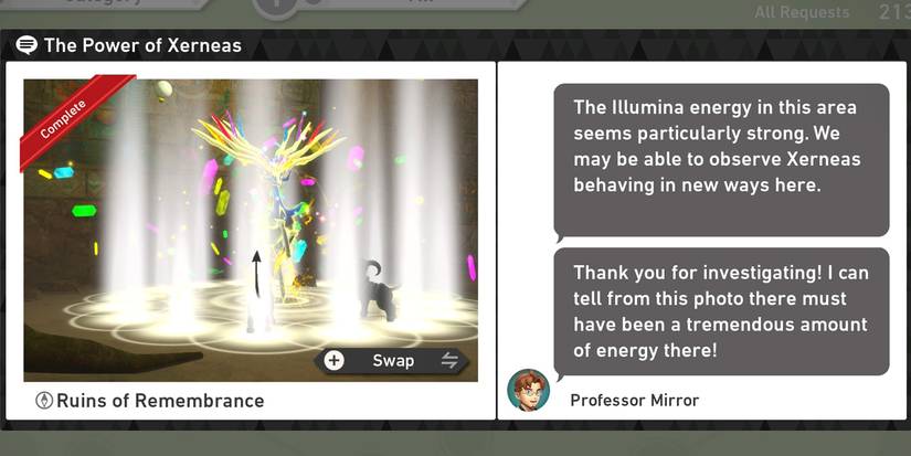 The Power of Xerneas request at the Aurus Island Illumina Spot in New Pokemon Snap