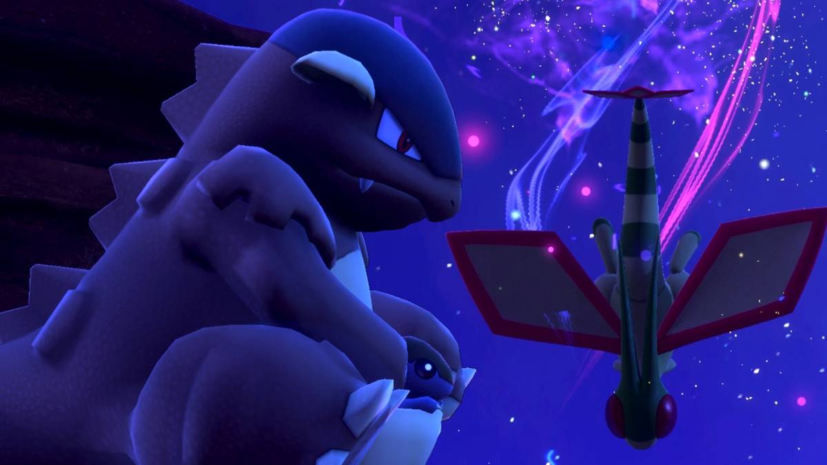 Kangaskhan and Flygon in the Sweltering Sands (Night) course in New Pokemon Snap