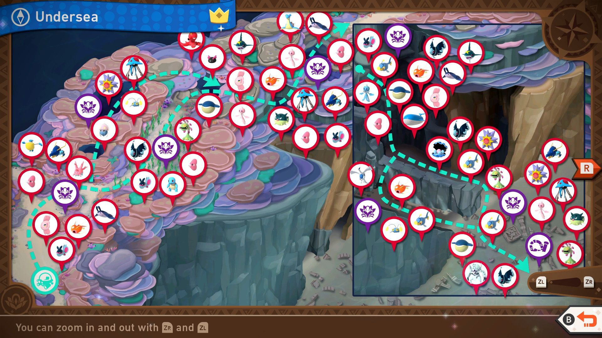 Полная карта подводного курса Lental Seafloor в New Pokemon Snap
